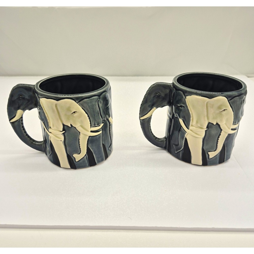 TOM TAYLOR 3D Elephant OTAGIRI Ceramic Coffee Mugs Set of 2 12oz Gray Safari